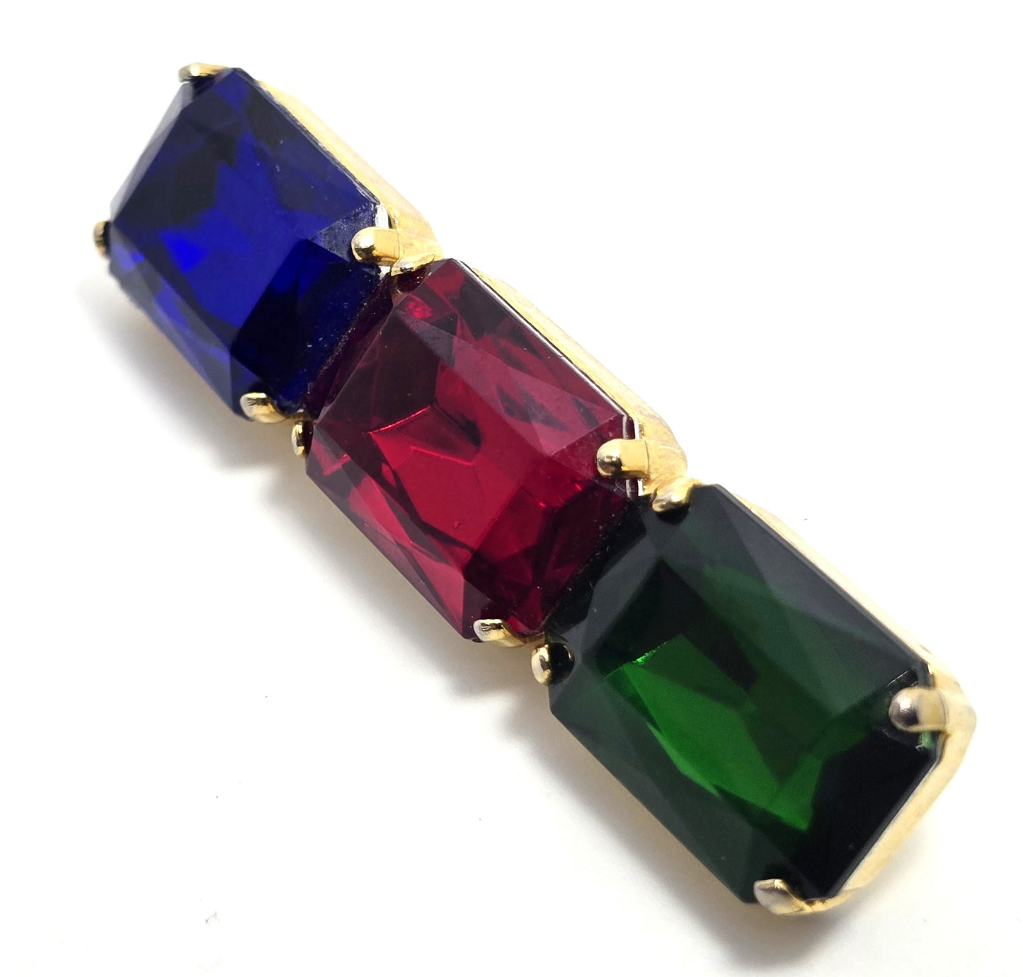Blue Red Green Gold Tone Emerald cut three stone rhinestone Brooch Pin
