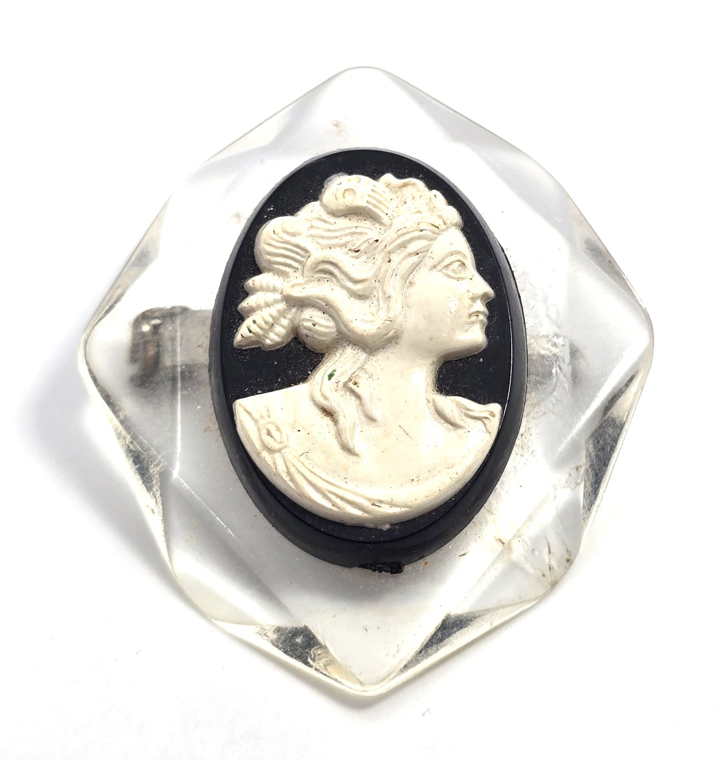 Victorian Revival Black and White Lucite vintage cameo brooch mid century