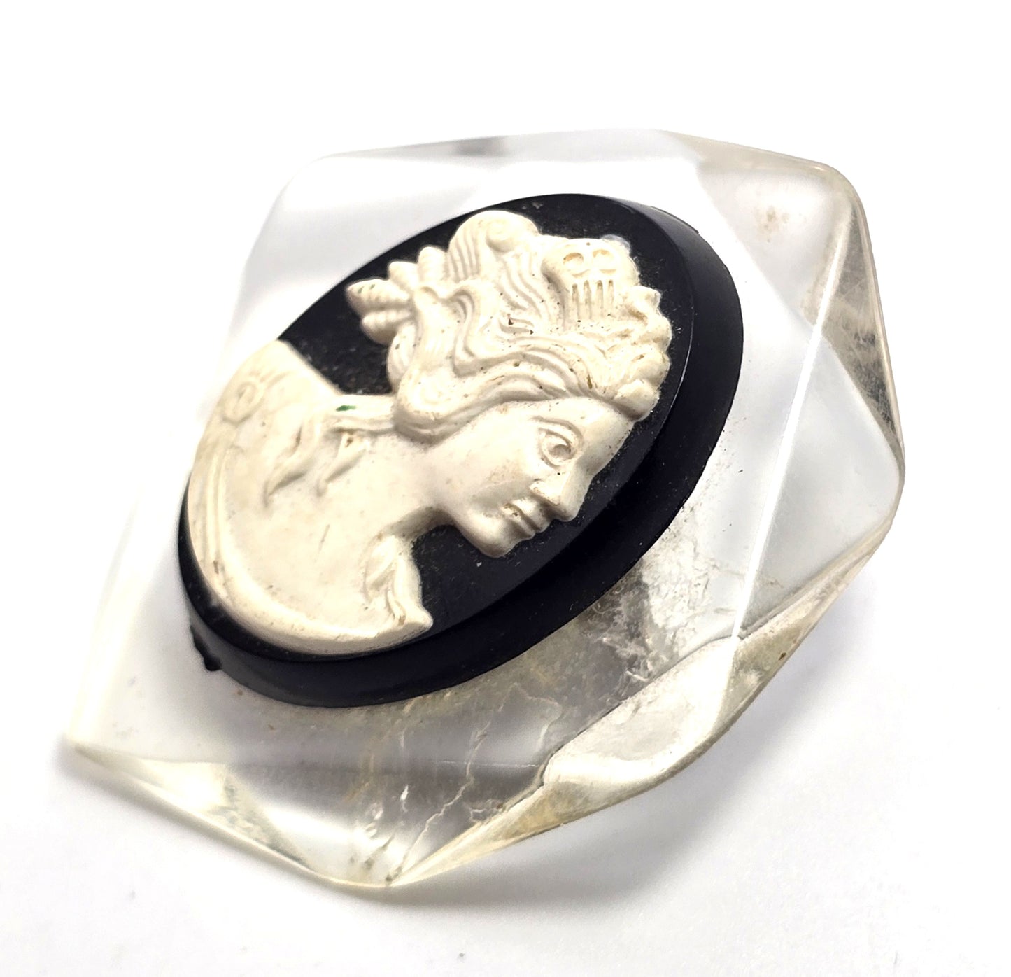 Victorian Revival Black and White Lucite vintage cameo brooch mid century