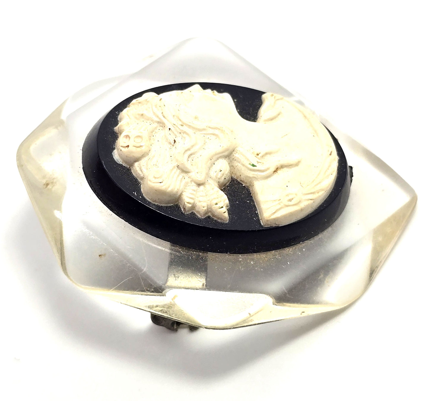 Victorian Revival Black and White Lucite vintage cameo brooch mid century
