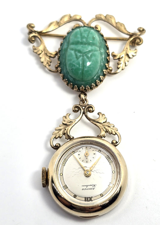 Egyptian Revival scarab beetle glass vintage Banner 17 jewel watch brooch parts