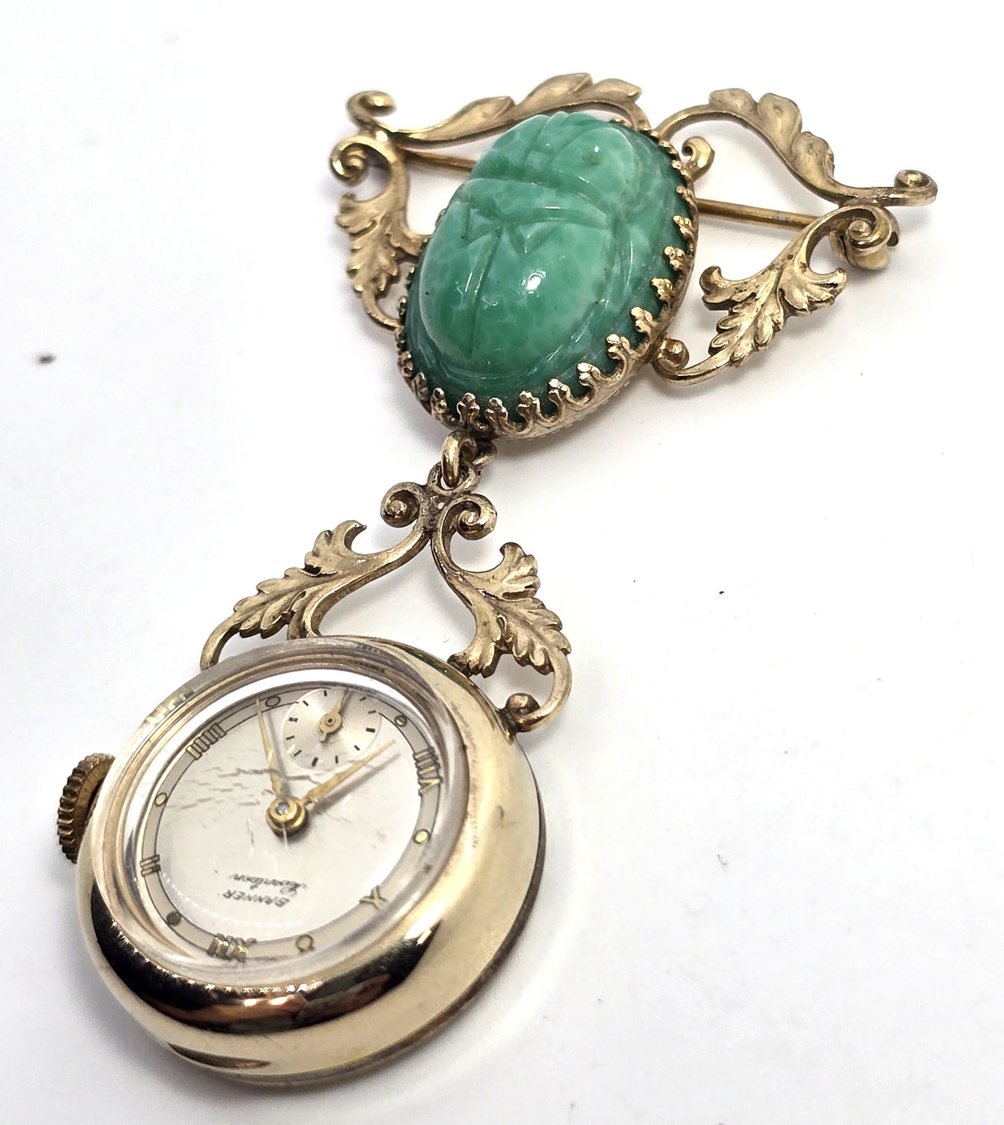 Egyptian Revival scarab beetle glass vintage Banner 17 jewel watch brooch parts