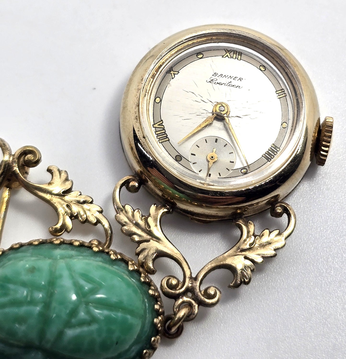 Egyptian Revival scarab beetle glass vintage Banner 17 jewel watch brooch parts