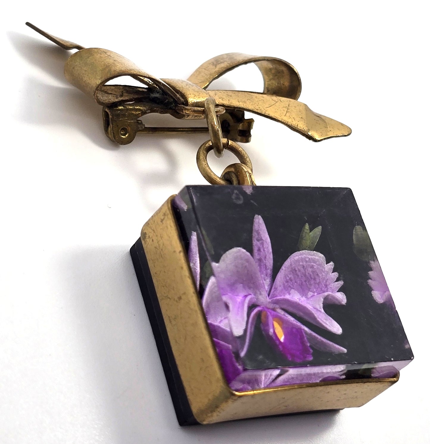 Purple cattleya orchid Lucite reverse carved painted flower vintage brooch