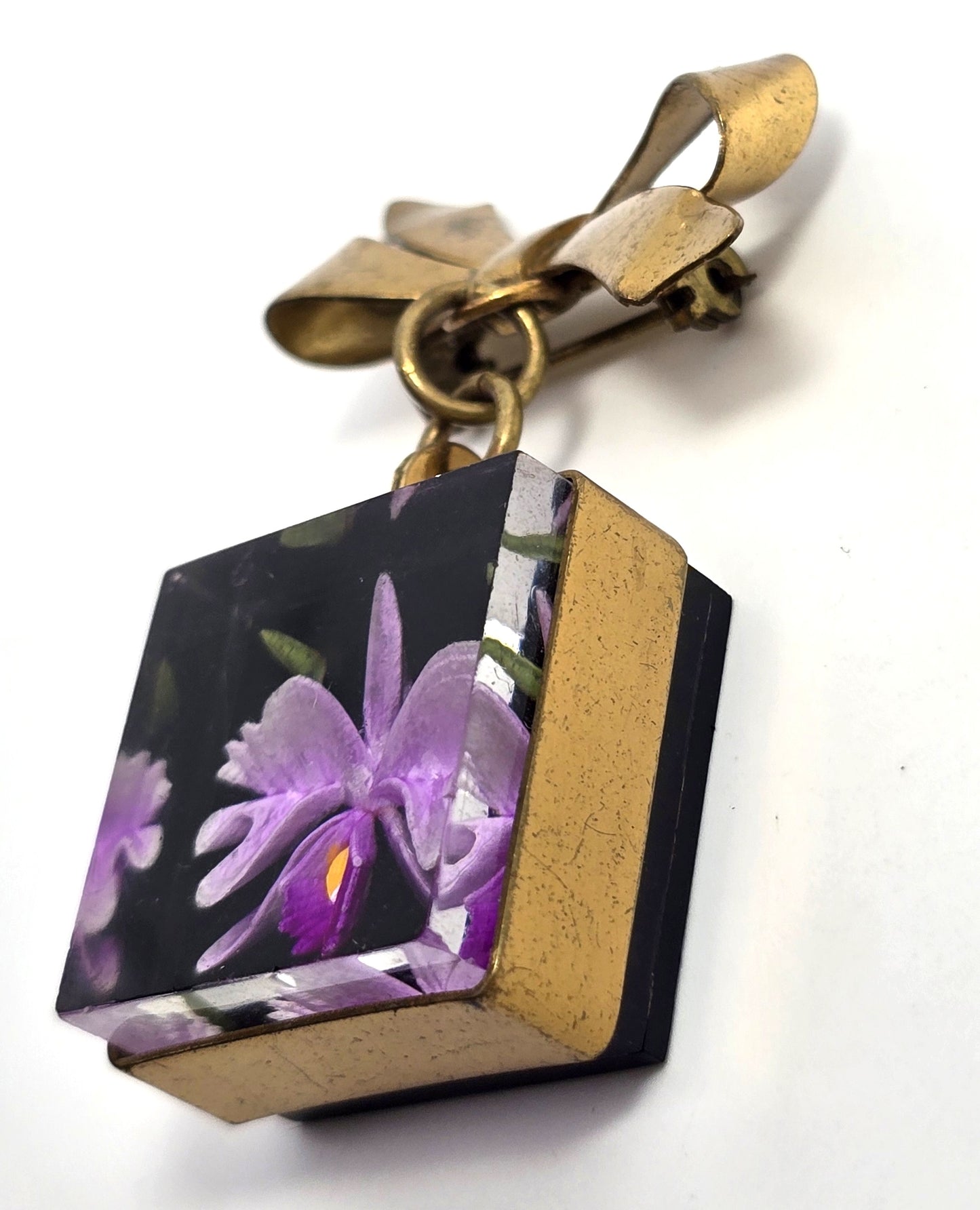 Purple cattleya orchid Lucite reverse carved painted flower vintage brooch