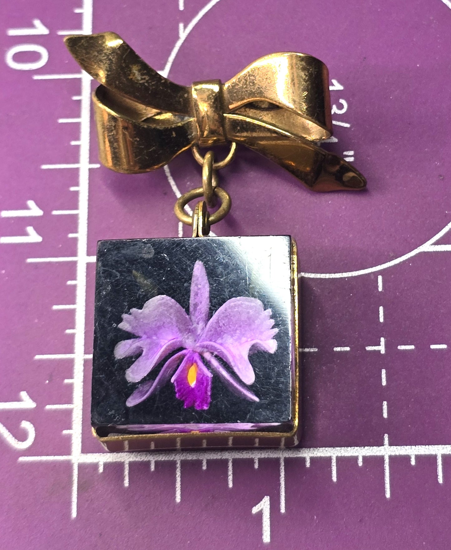 Purple cattleya orchid Lucite reverse carved painted flower vintage brooch