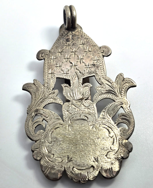 Chatelaine 19th century etched stamped silver plated antique belt clip