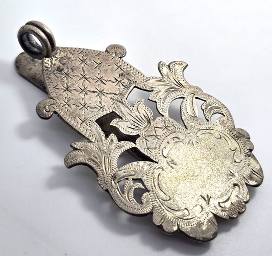 Chatelaine 19th century etched stamped silver plated antique belt clip