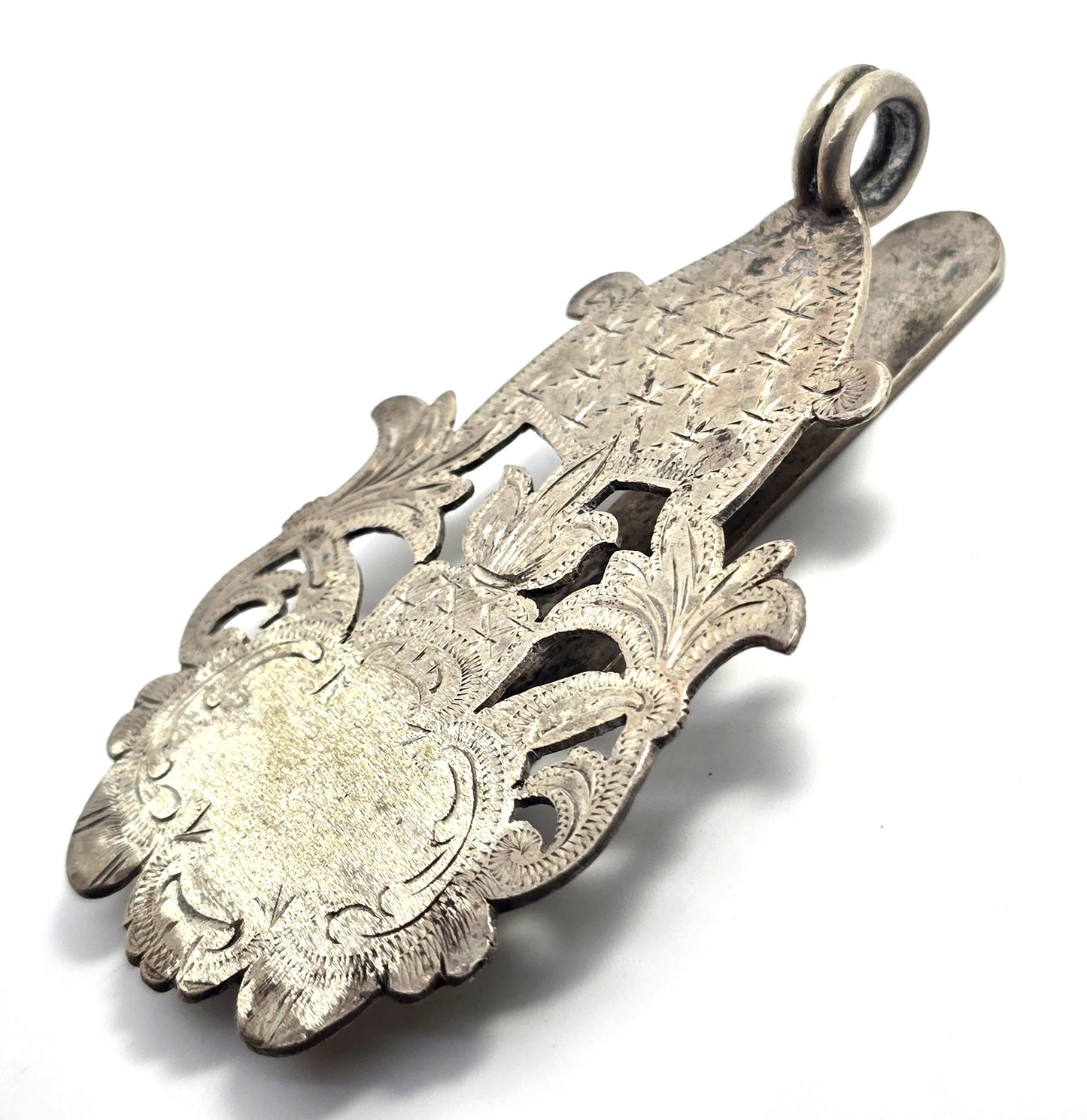 Chatelaine 19th century etched stamped silver plated antique belt clip