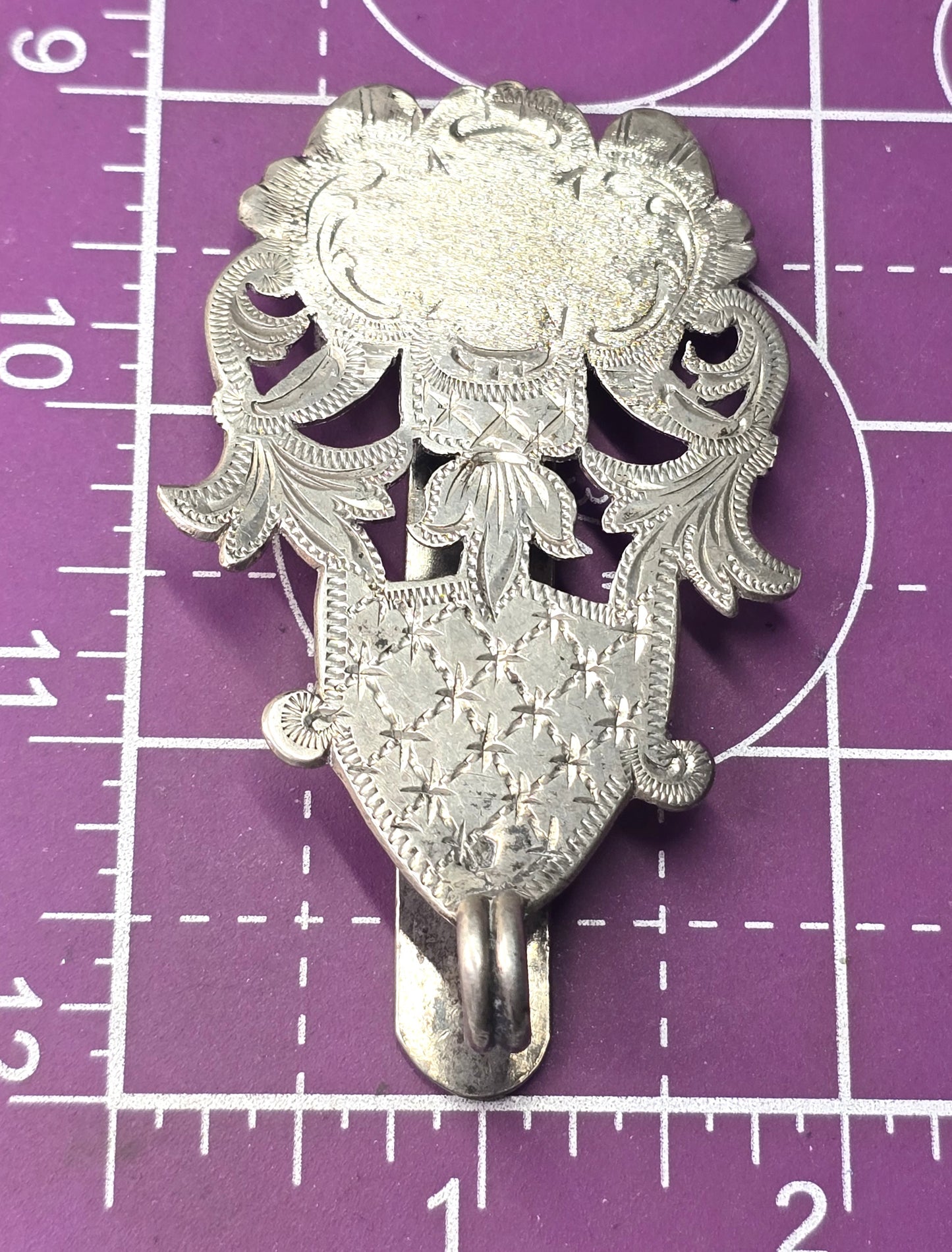 Chatelaine 19th century etched stamped silver plated antique belt clip