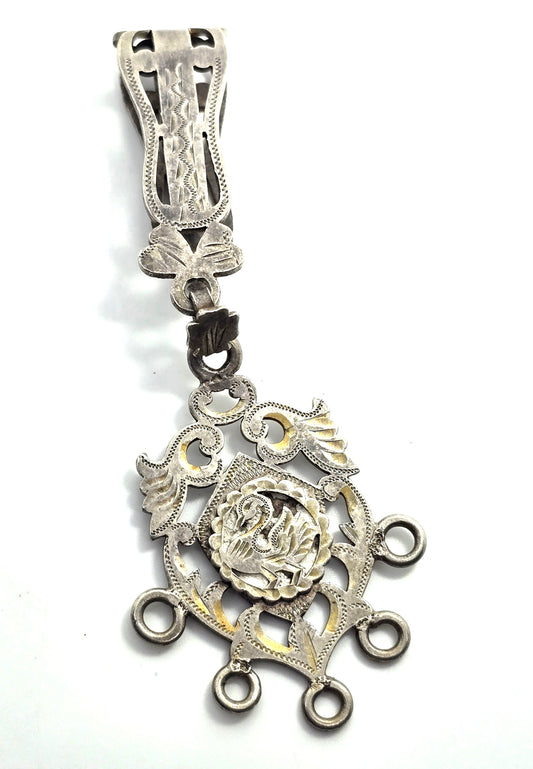 Chatelaine 19th century etched silver peacock decorated antique belt clip