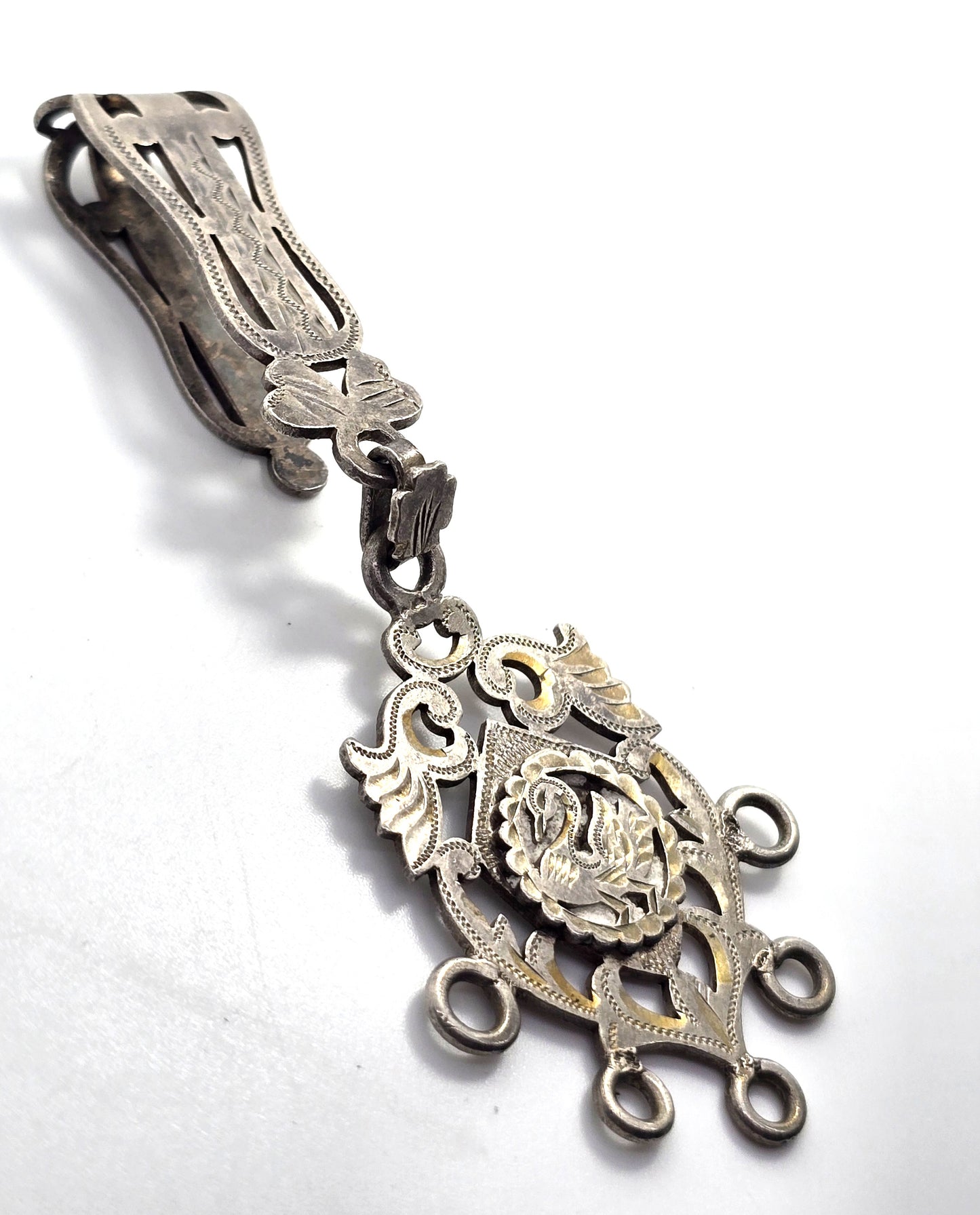 Chatelaine 19th century etched silver peacock decorated antique belt clip