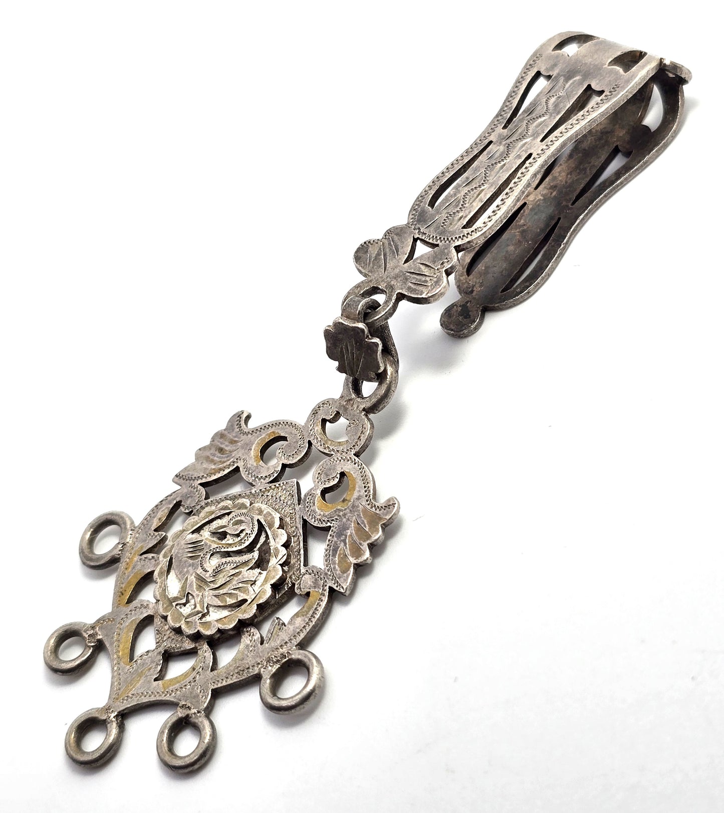 Chatelaine 19th century etched silver peacock decorated antique belt clip