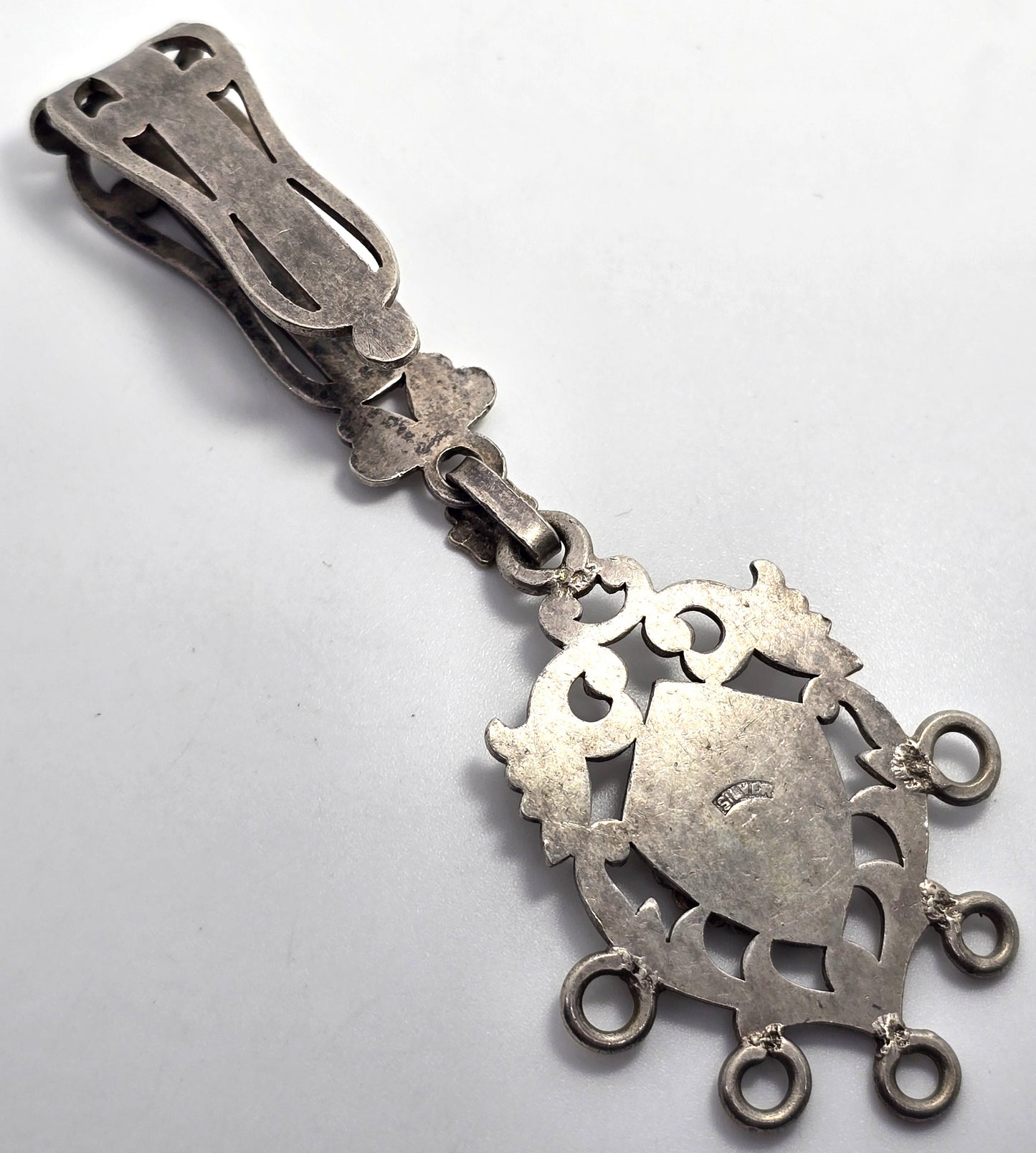 Chatelaine 19th century etched silver peacock decorated antique belt clip