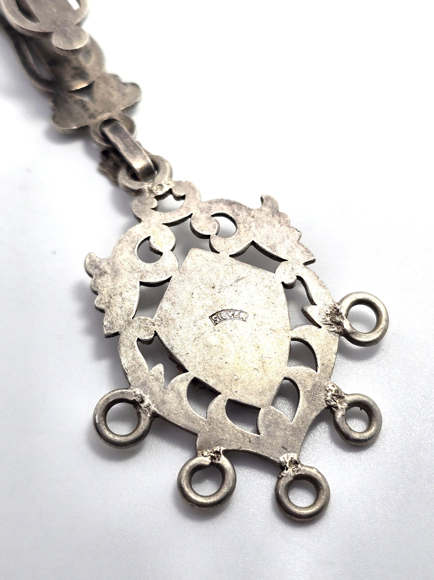 Chatelaine 19th century etched silver peacock decorated antique belt clip