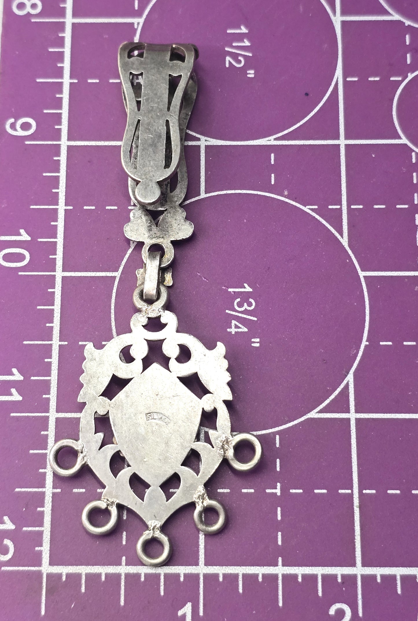 Chatelaine 19th century etched silver peacock decorated antique belt clip