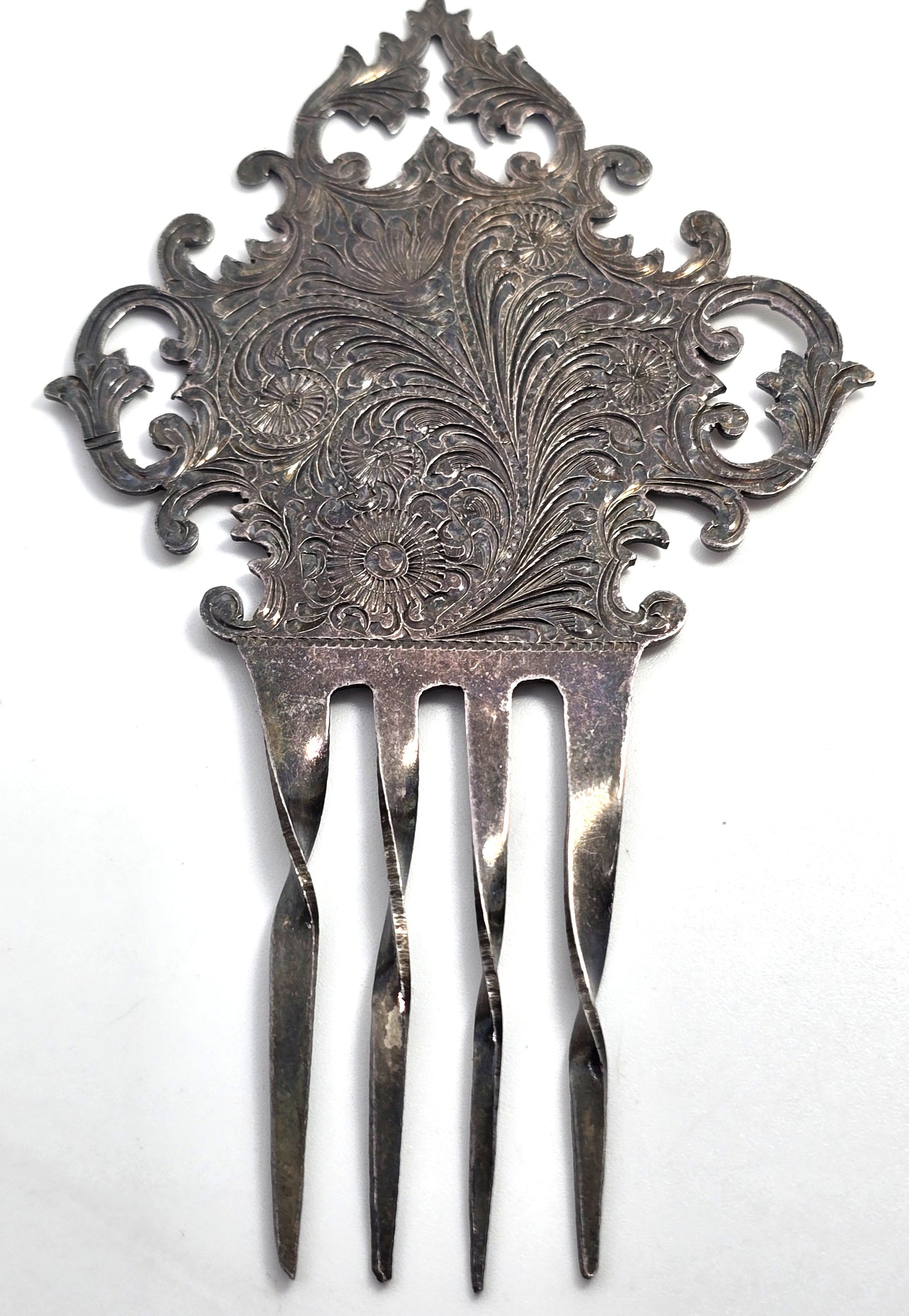 Victorian silver plated ornate etched antique hair comb floral hair jewelry