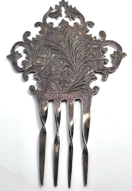 Victorian silver plated ornate etched antique hair comb floral hair jewelry