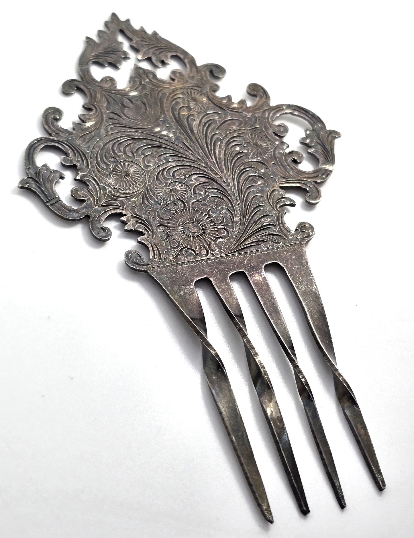 Victorian silver plated ornate etched antique hair comb floral hair jewelry