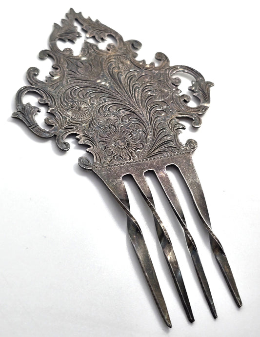 Victorian silver plated ornate etched antique hair comb floral hair jewelry