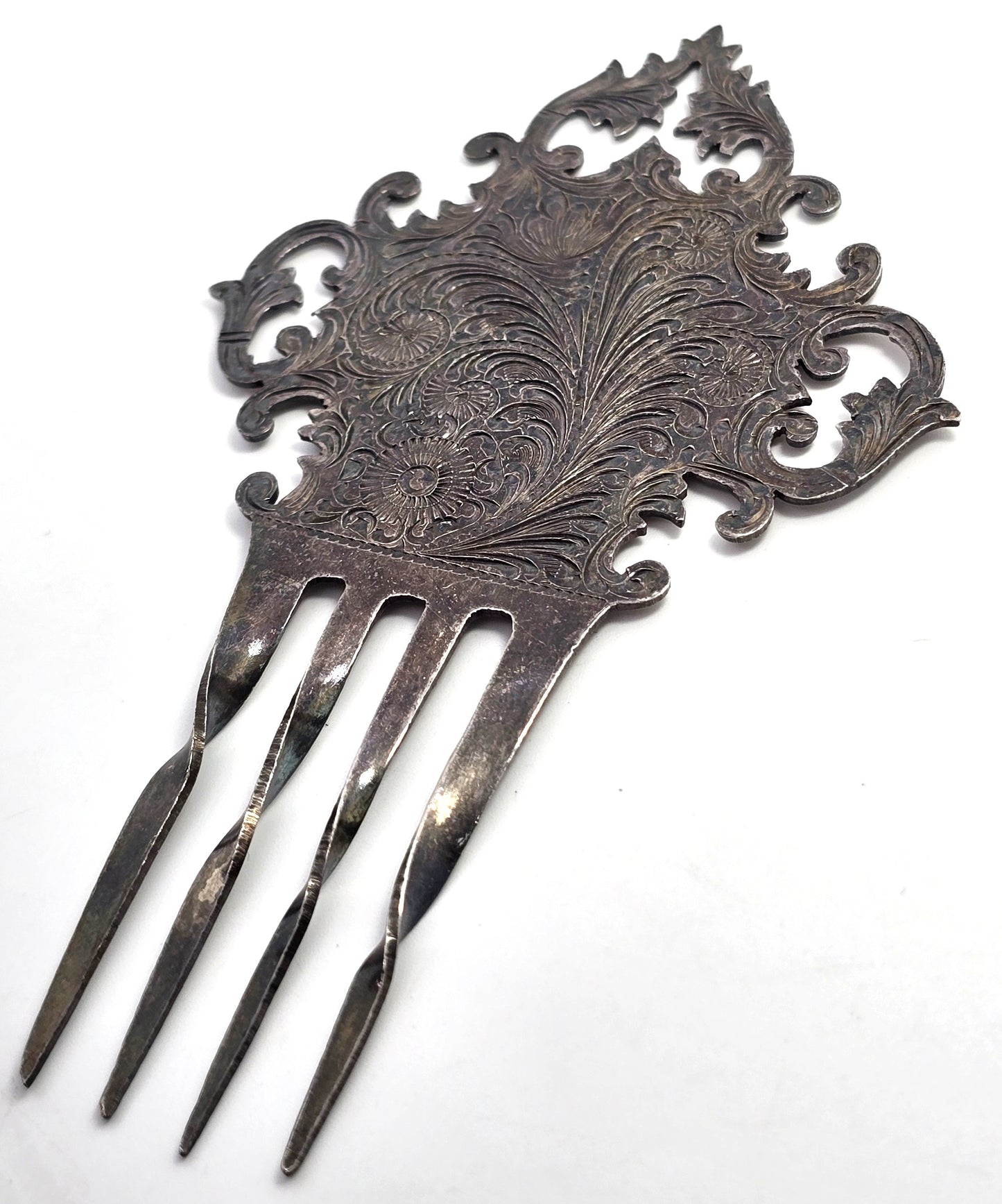 Victorian silver plated ornate etched antique hair comb floral hair jewelry
