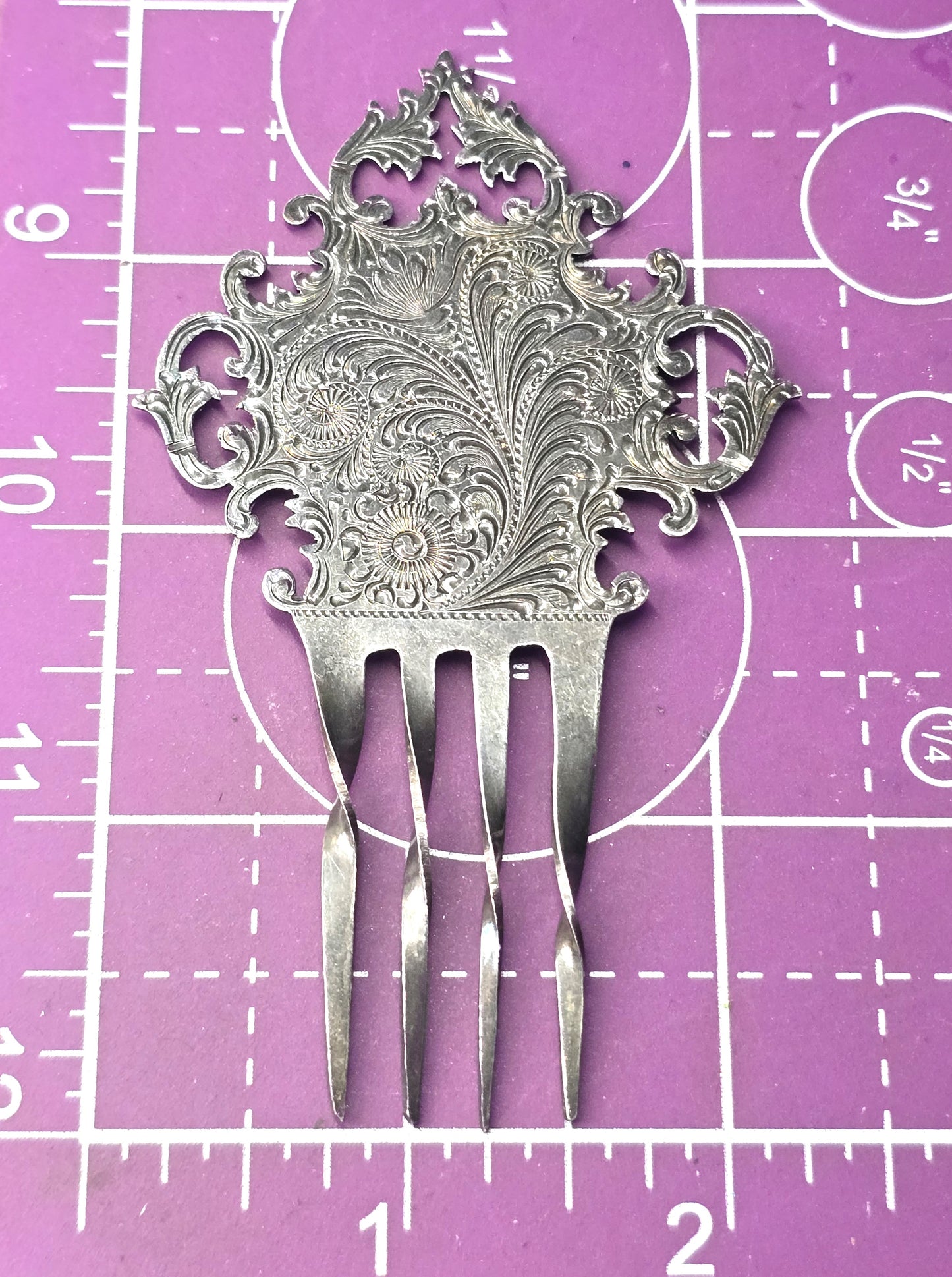 Victorian silver plated ornate etched antique hair comb floral hair jewelry