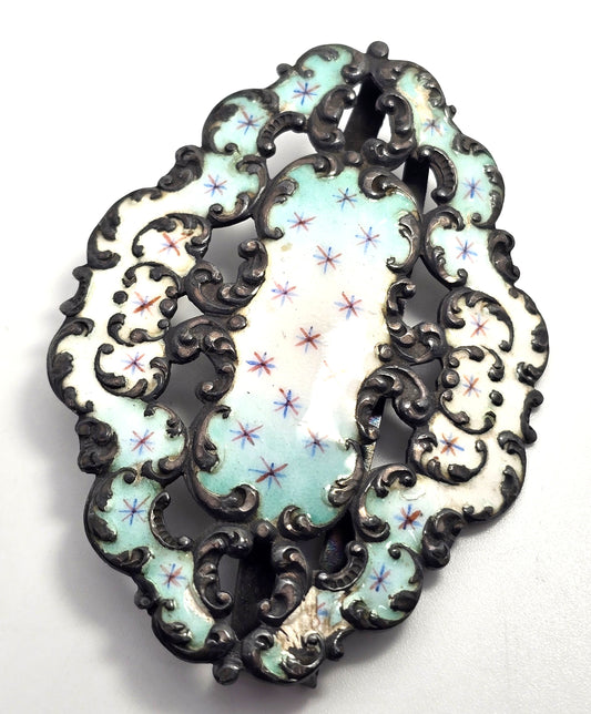 Victorian Baby blue Enamel painted sterling silver antique sash ribbon buckle