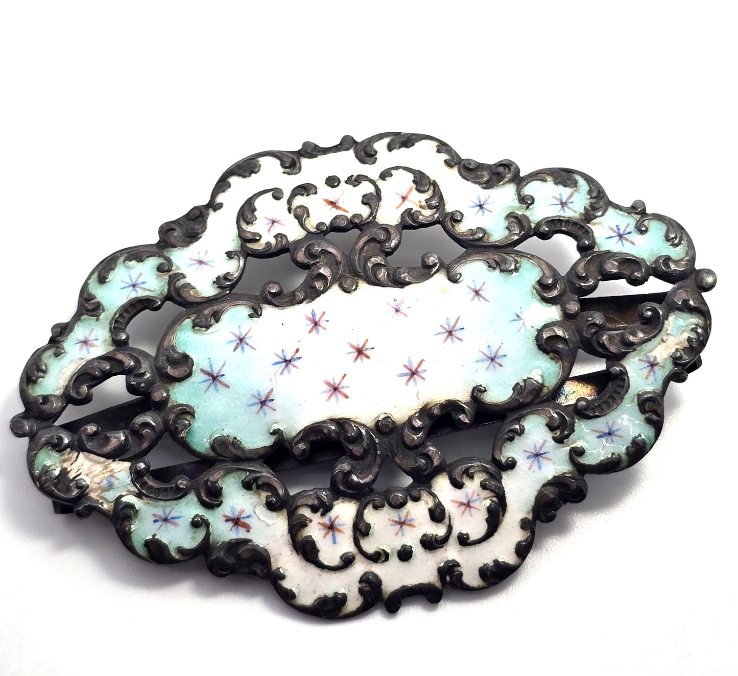 Victorian Baby blue Enamel painted sterling silver antique sash ribbon buckle