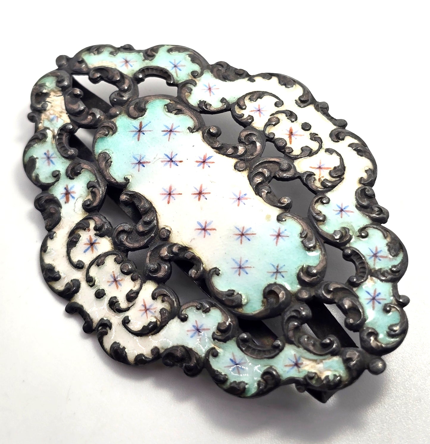 Victorian Baby blue Enamel painted sterling silver antique sash ribbon buckle