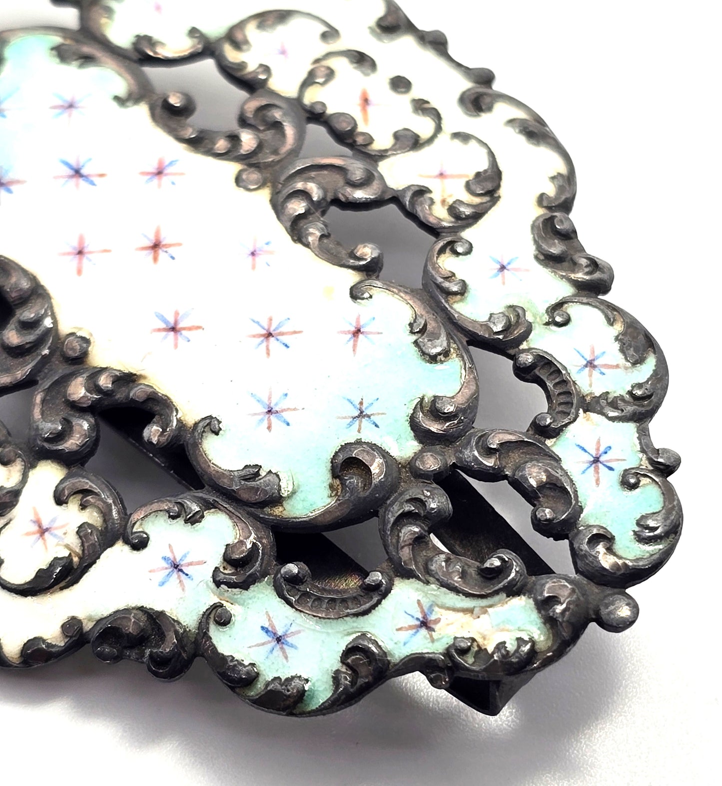 Victorian Baby blue Enamel painted sterling silver antique sash ribbon buckle