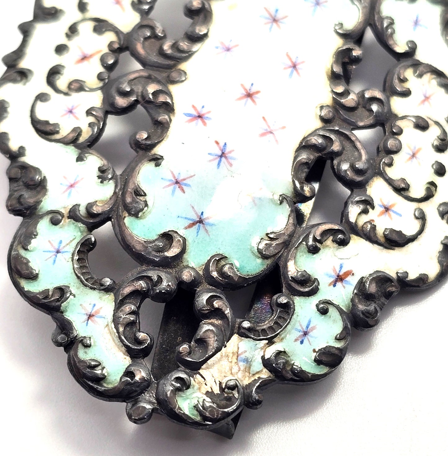 Victorian Baby blue Enamel painted sterling silver antique sash ribbon buckle