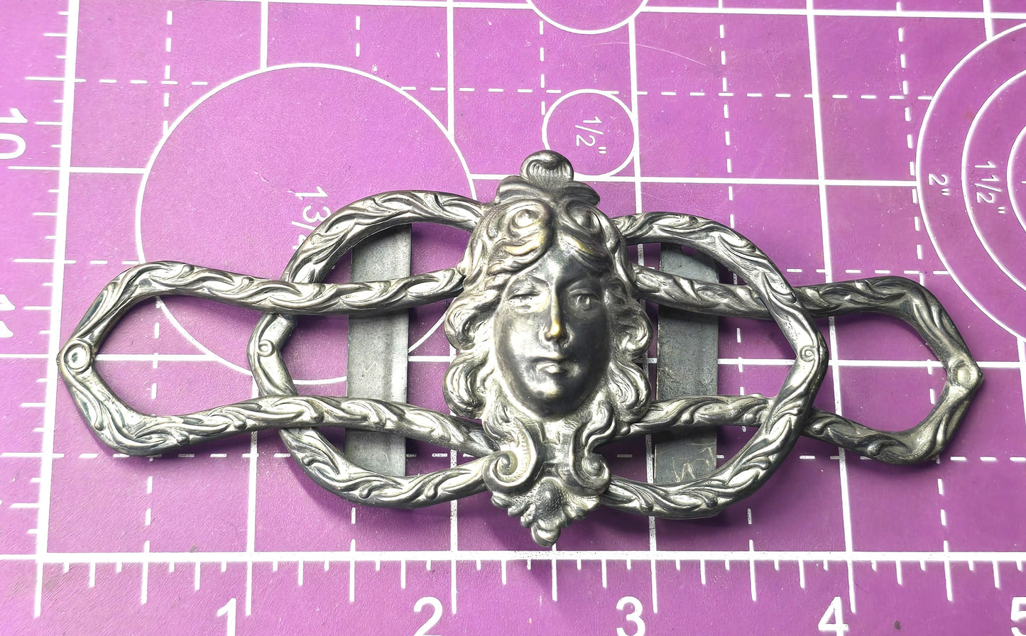 Victorian female nymph cameo repousse silver plated antique wedding sash buckle