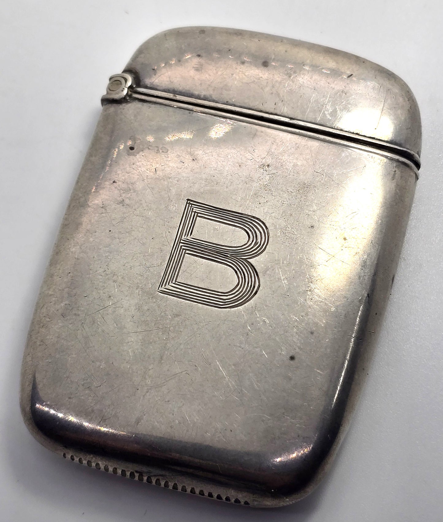 Victorian etched monogram B antique sterling silver match card safe case