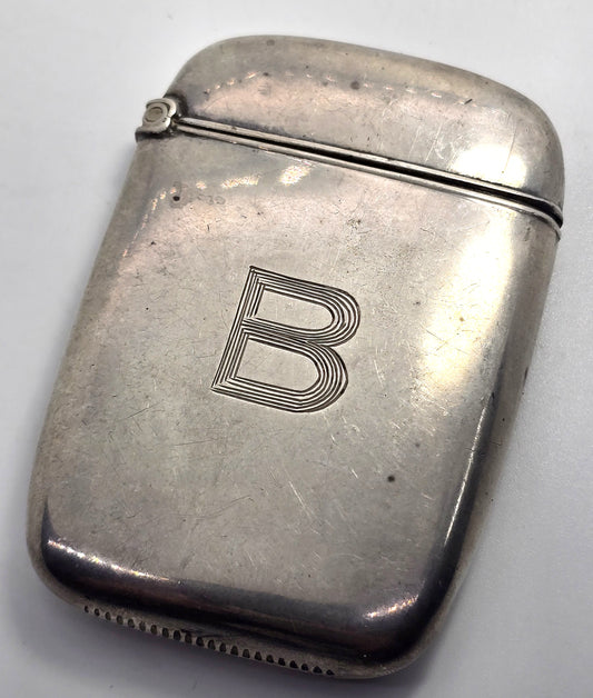 Victorian etched monogram B antique sterling silver match card safe case