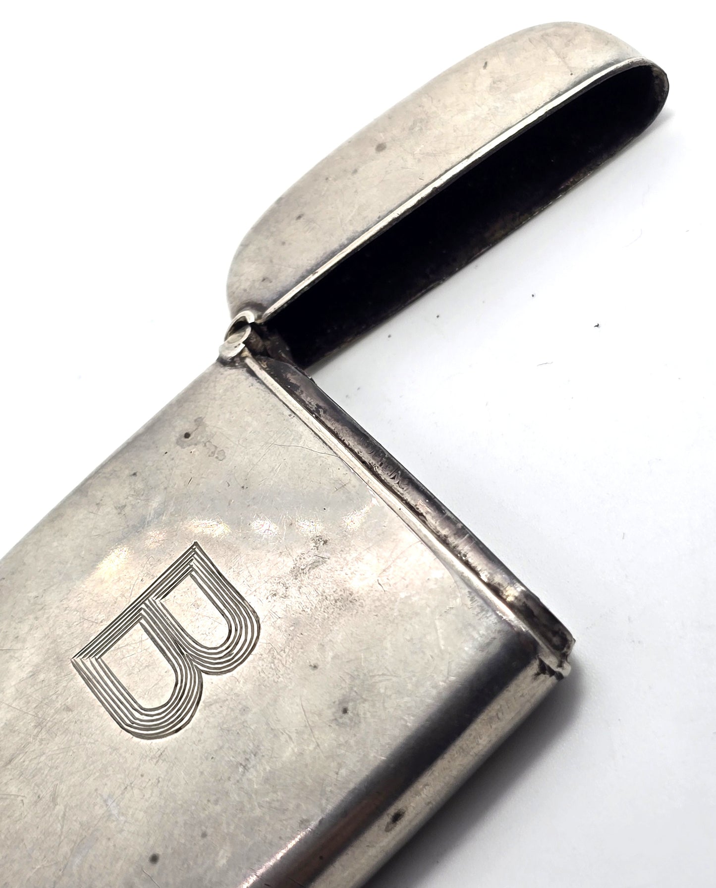 Victorian etched monogram B antique sterling silver match card safe case