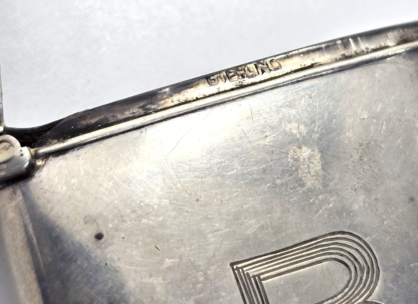 Victorian etched monogram B antique sterling silver match card safe case