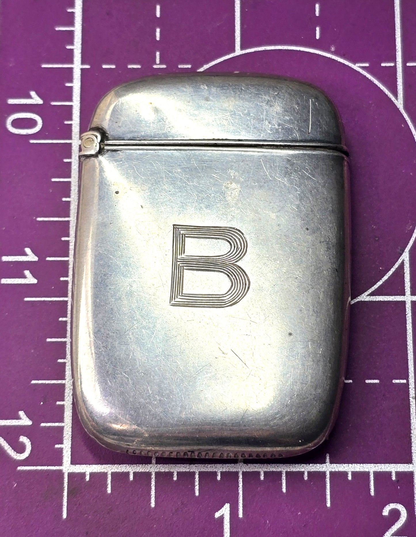 Victorian etched monogram B antique sterling silver match card safe case