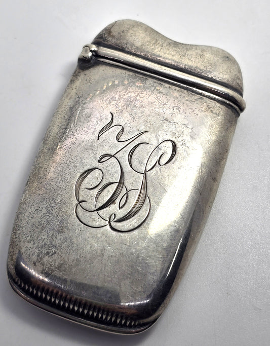 Victorian etched monogram ZS antique sterling silver match safe vesta case