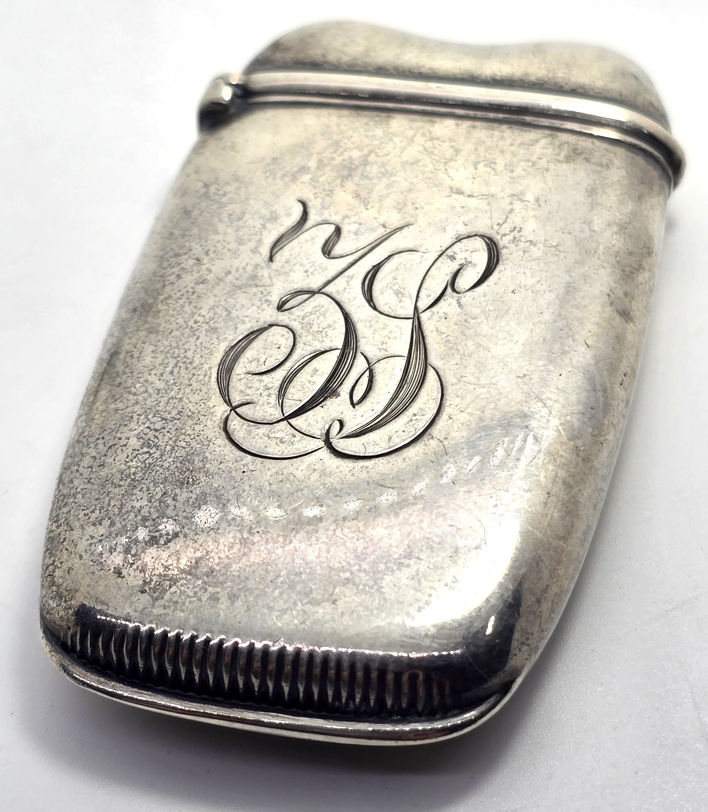 Victorian etched monogram ZS antique sterling silver match safe vesta case