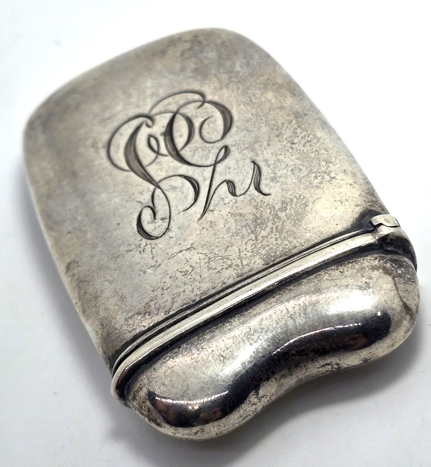 Victorian etched monogram ZS antique sterling silver match safe vesta case