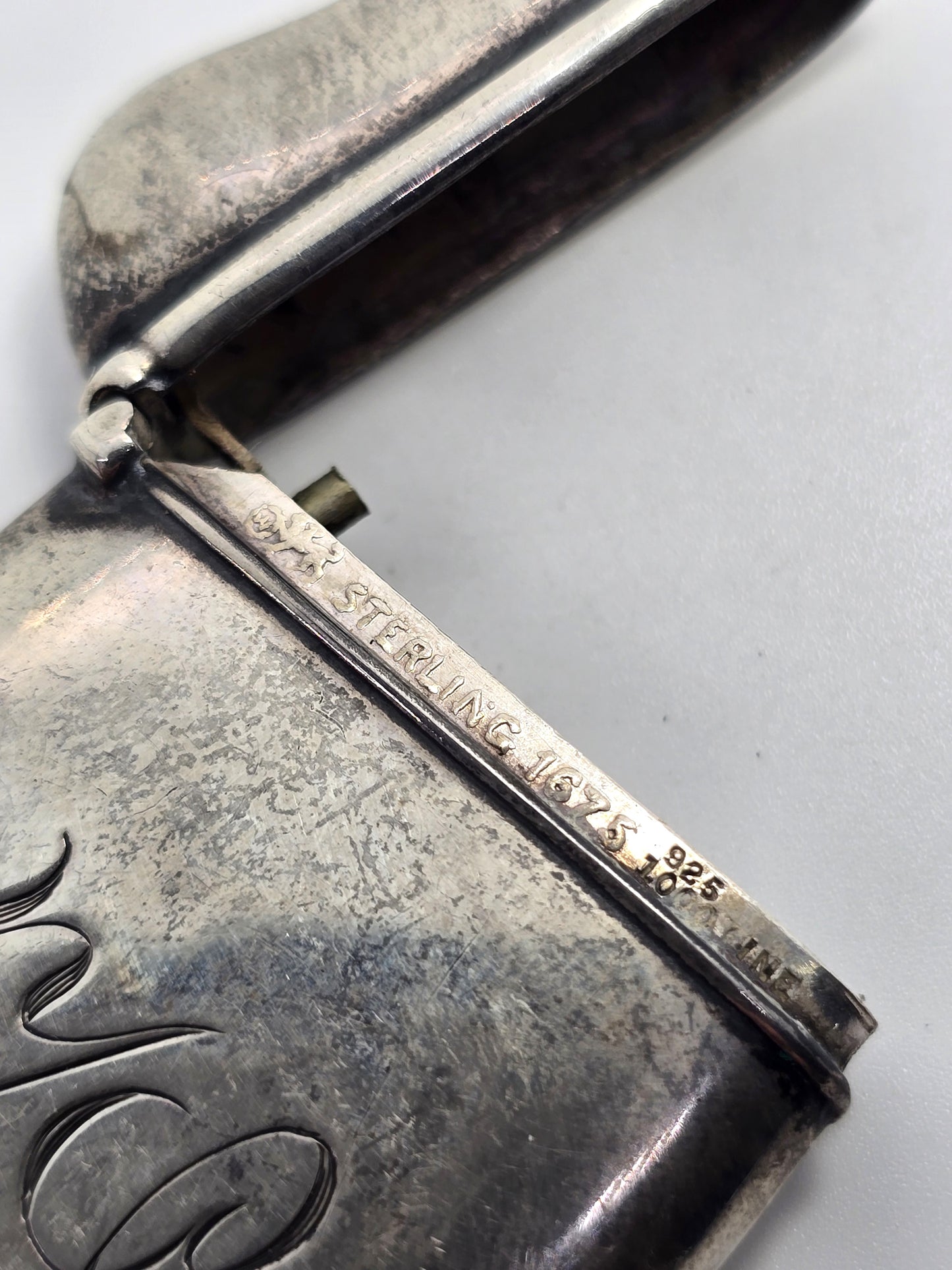 Victorian etched monogram ZS antique sterling silver match safe vesta case