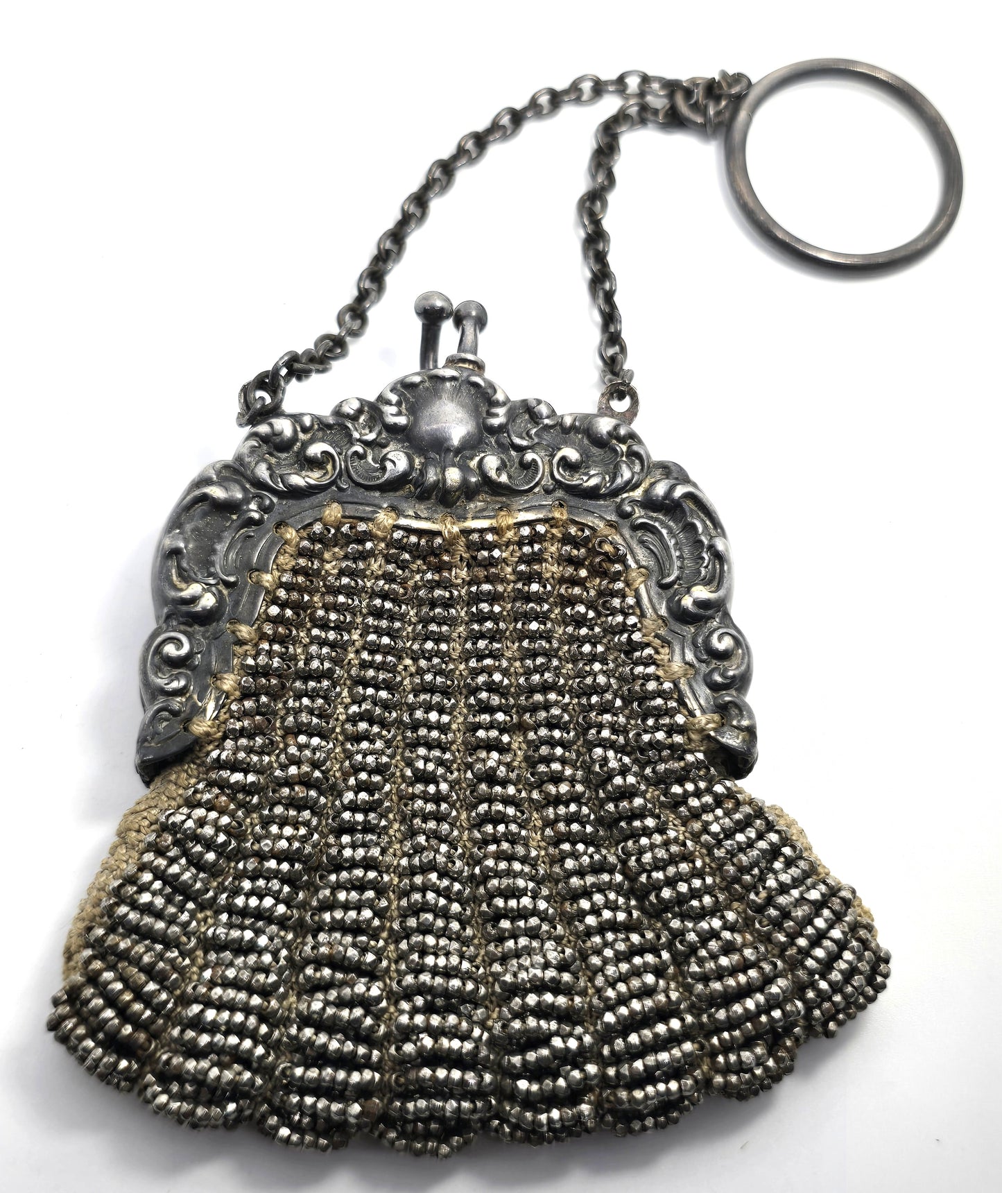 French cut steel Beaded German Silver Repousse Frame Kiss Closure purse Antique 1900's