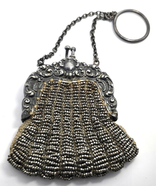 French cut steel Beaded German Silver Repousse Frame Kiss Closure purse Antique 1900's