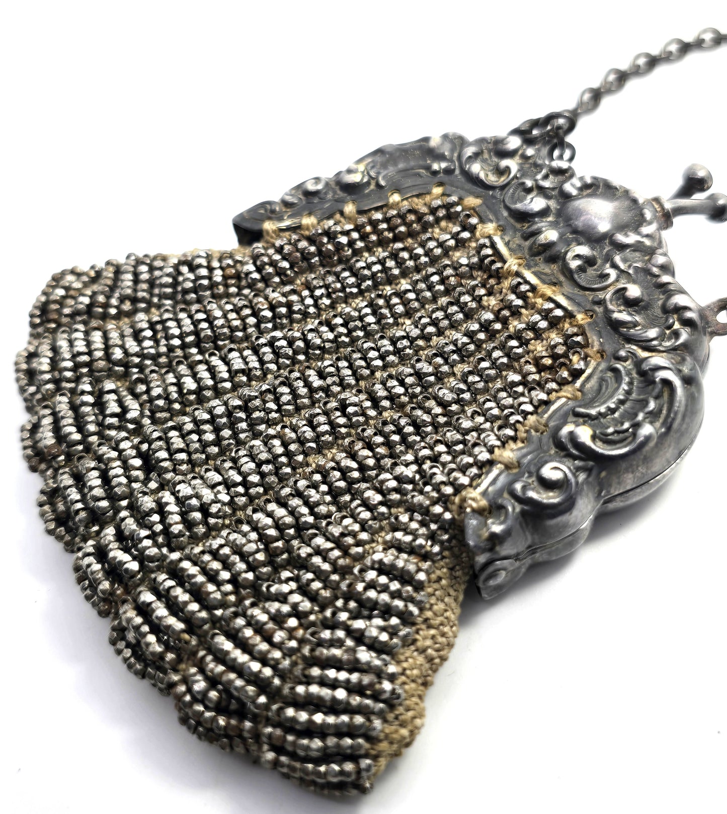 French cut steel Beaded German Silver Repousse Frame Kiss Closure purse Antique 1900's