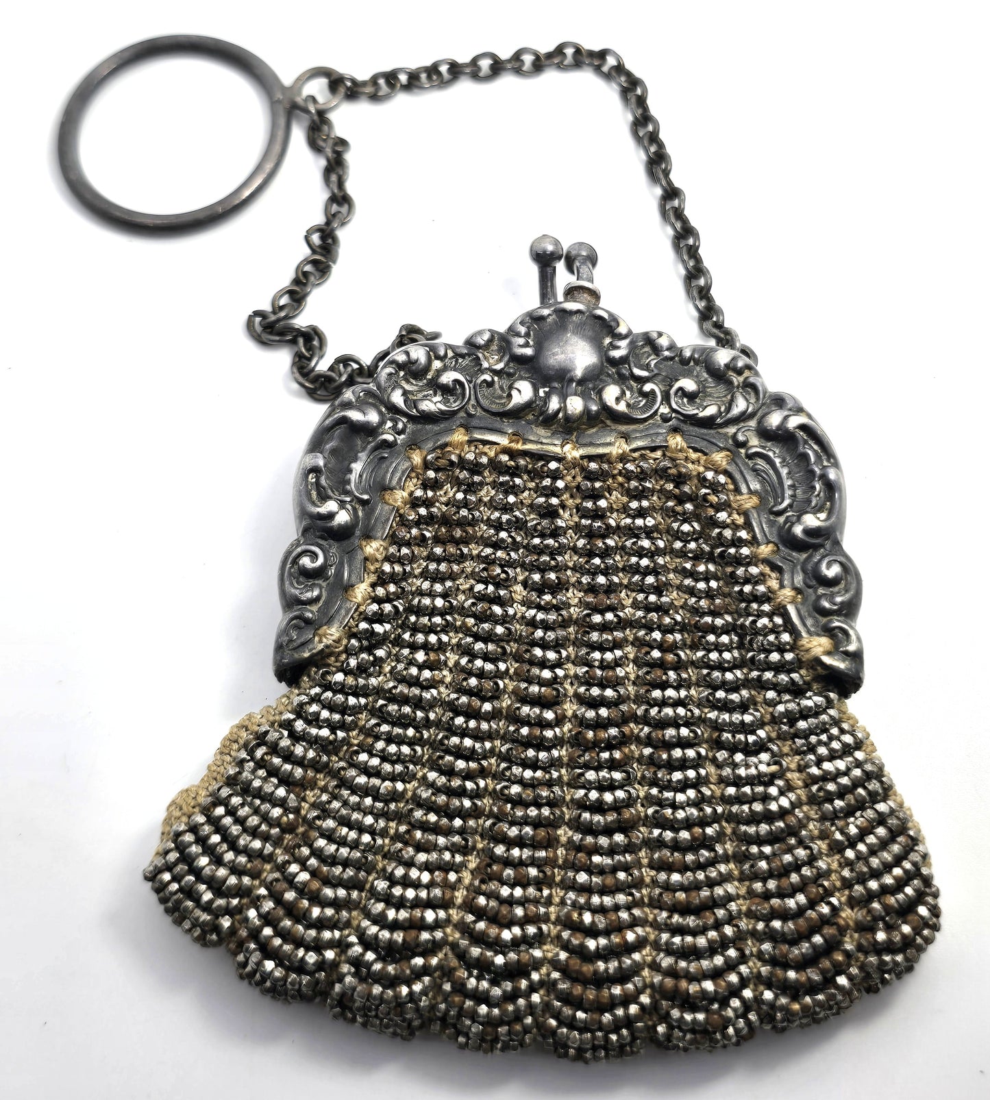 French cut steel Beaded German Silver Repousse Frame Kiss Closure purse Antique 1900's