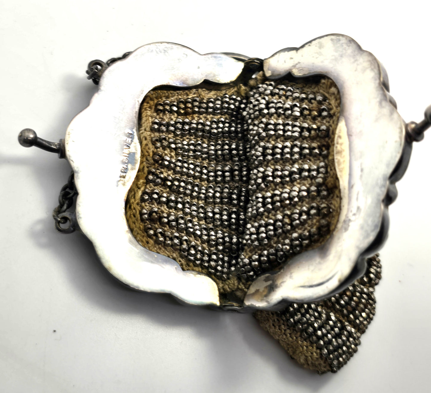 French cut steel Beaded German Silver Repousse Frame Kiss Closure purse Antique 1900's