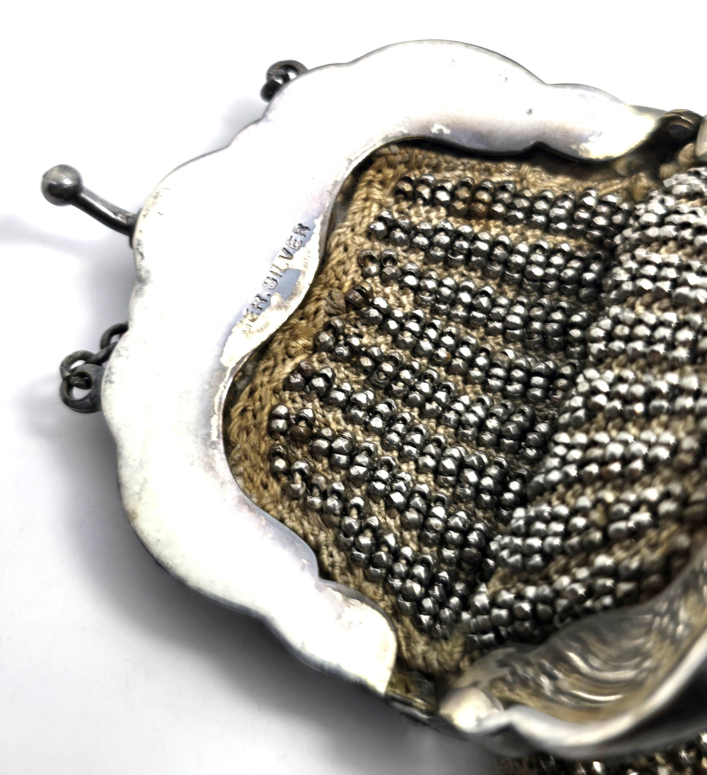 French cut steel Beaded German Silver Repousse Frame Kiss Closure purse Antique 1900's