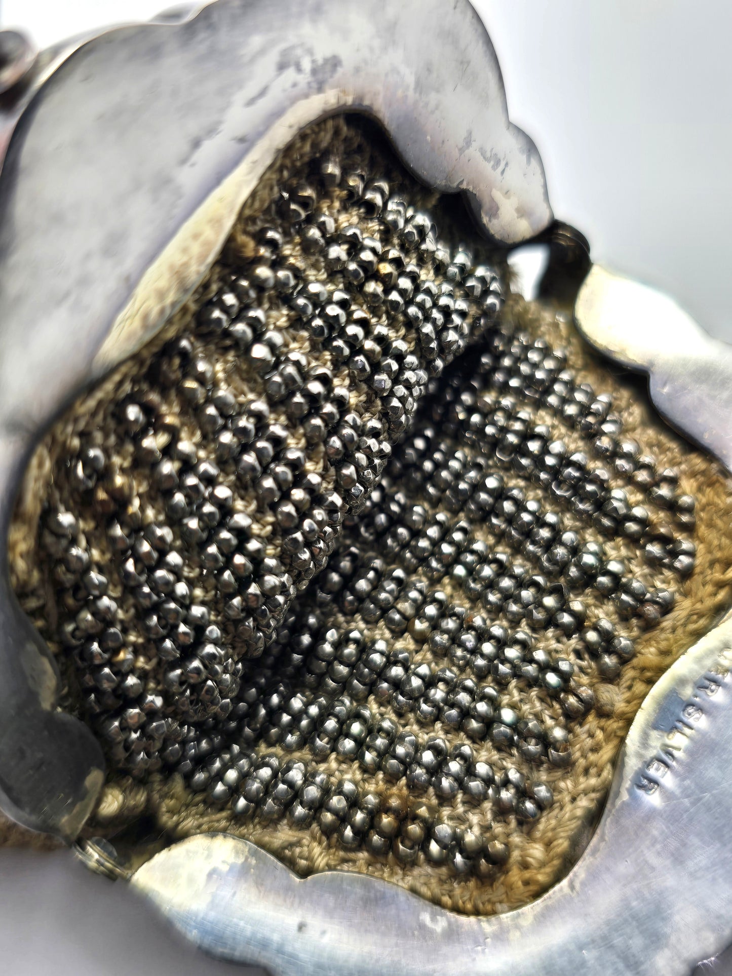 French cut steel Beaded German Silver Repousse Frame Kiss Closure purse Antique 1900's
