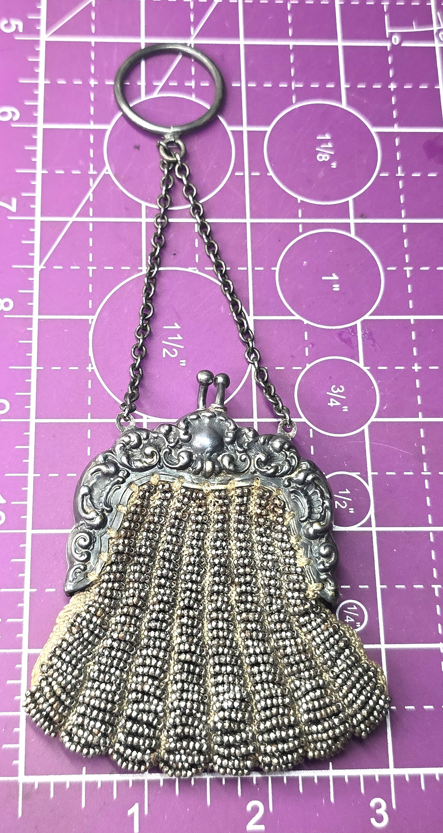 French cut steel Beaded German Silver Repousse Frame Kiss Closure purse Antique 1900's