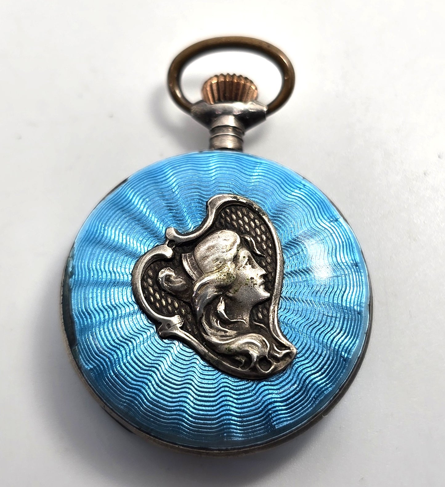 Guilloche bright blue nymph sterling silver antique winding pocket watch